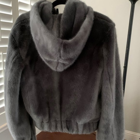 HELMUT LANG MINK GREY FAUX FUR HOODED BOMBER  S - Picture 7 of 10